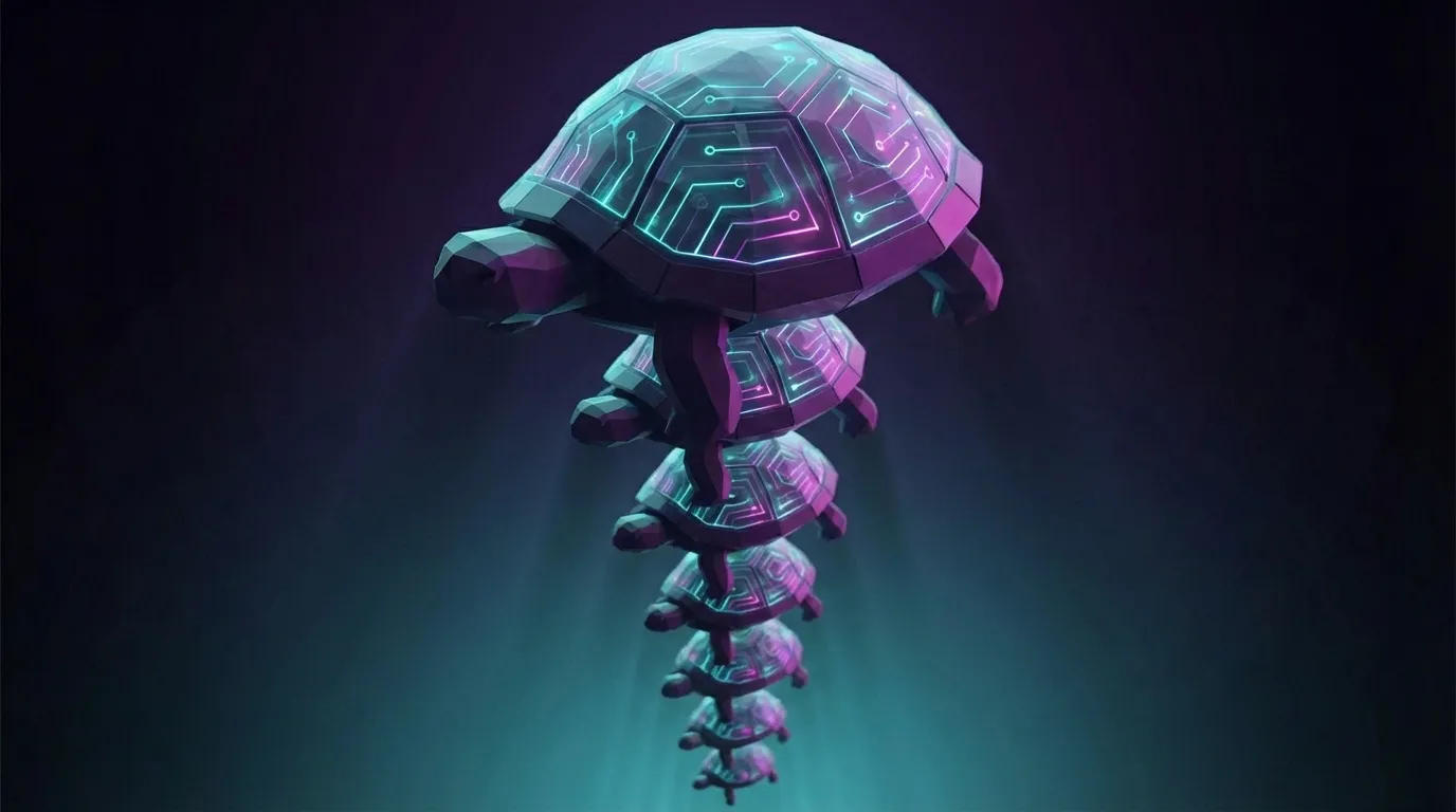 Stack of low-poly circuit-patterned turtles glowing cyan and pink — turtles all the way down