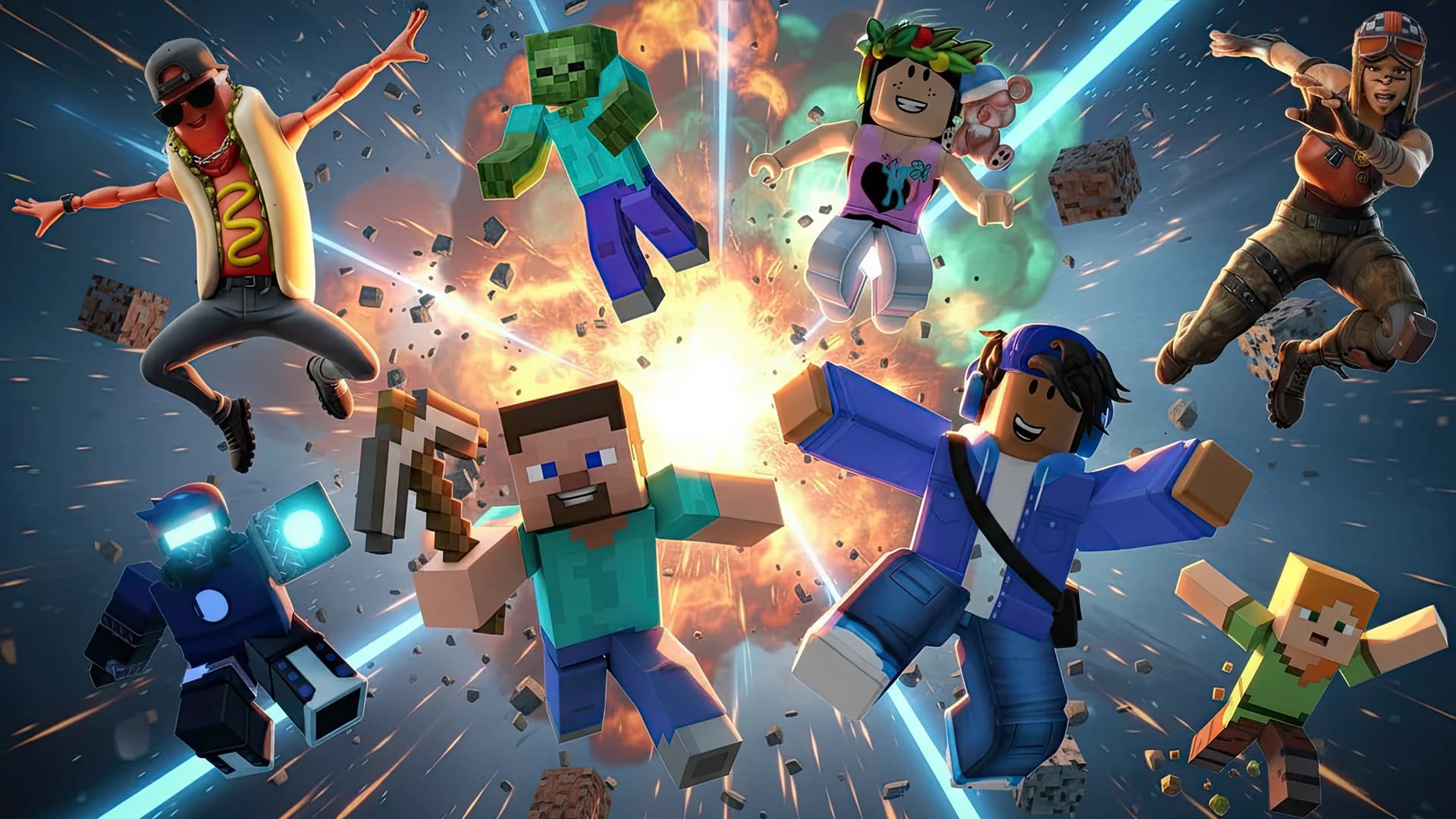 Characters from Roblox, Minecraft, and Fortnite bursting from an explosion